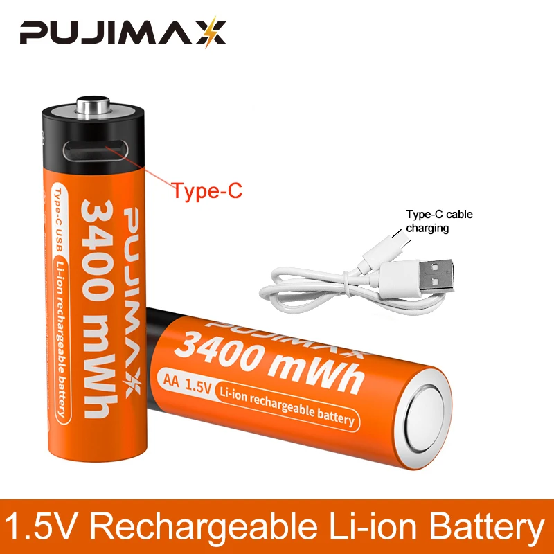 

PUJIMAX 1.5V Lithium Battery AA 3400mWh Rechargeable Li-Ion Battery Typc-C Cable Charging For Flashlight KTV Microphone Toys
