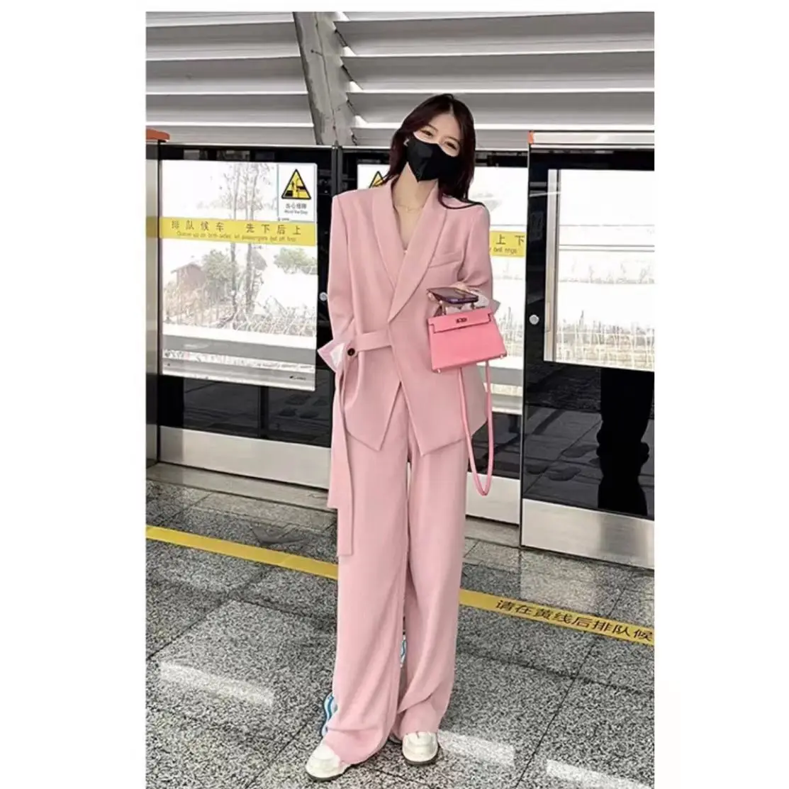 Personalized Lace Up Loose Jacket Blazer Casual Wide Leg Pants Two-piece Elegant Women's Pants Set Office Outfits