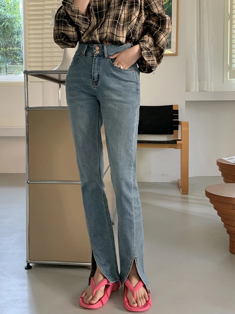 Vintage Fashoin Chic Double Buckle Front Split Trousers Female High Waist Strentch Jeans Women Flare Pants Wash Blue Denim Pants