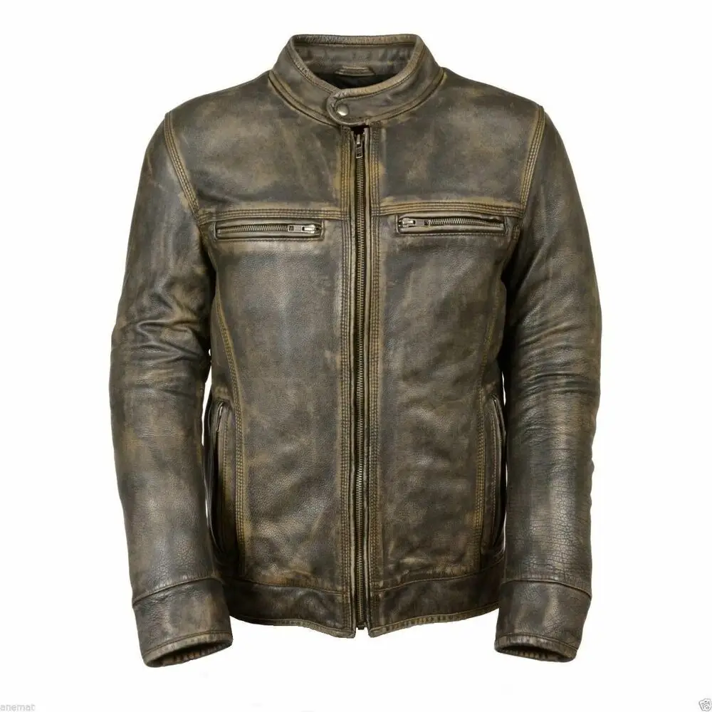 Men's Biker Vintage Style Distressed Waxed Cafe Racer Motorcycle Leather Jacket