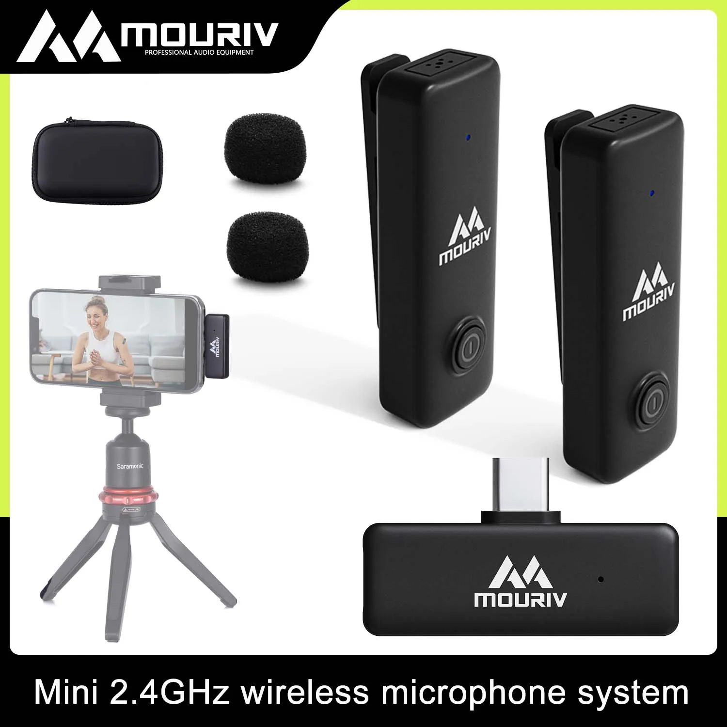 

MOURIV MiniMic UC Professional Wireless Microphone for iPhone 15 USB/Type-C Android, 2.4GHz Lavalier Mic for Recording