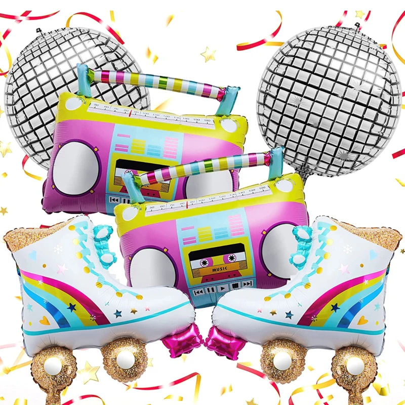 

6 Pieces Rainbow Roller Skate Boom Box Balloon 22 Inch Disco Foil Balloons 80s 90s Retro Valentine Party Balloon for party decor