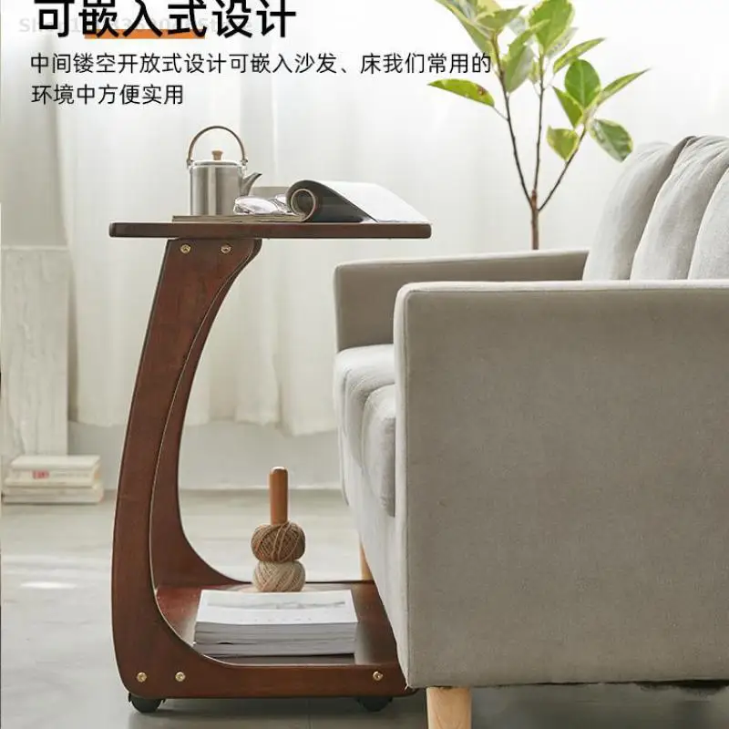 Solid Wood Side Table Mobile Coffee Table With Wheels Small Square Living Room Sofa Side Cabinet Cabinet Cart
