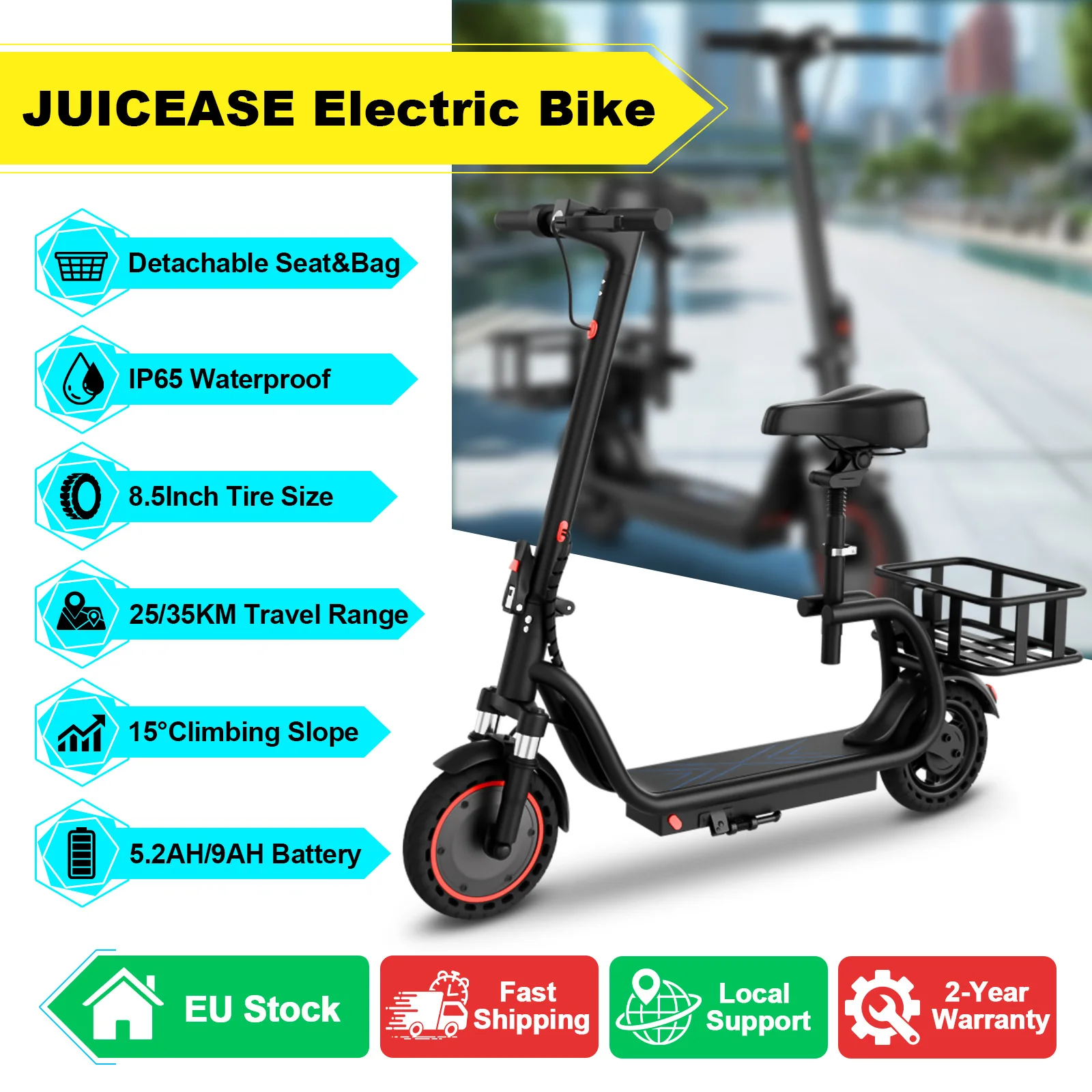 AOVOPRO 5.2/9AH Elektrofahrrad mit Sitz, 8,5-Zoll-Reifen, 36V leistungsstarkem Motor, 35 km superlange Reichweite, kostenlosem Korb, Smart-App-Ebike