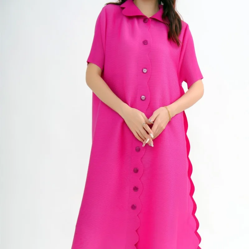 

ALSEY Miyake Pleated Elegant Women's Dresses for Party Party Casual Daily Wear Simple Lapel Single-breasted Maxi Female Dress