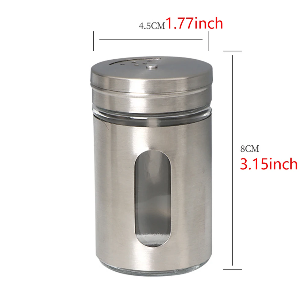 Stainless Steel Spice Seasoning Jar Built in Glass Bottle Rotating Cover Three Types of Perforation Methods: Large, Medium, And 3