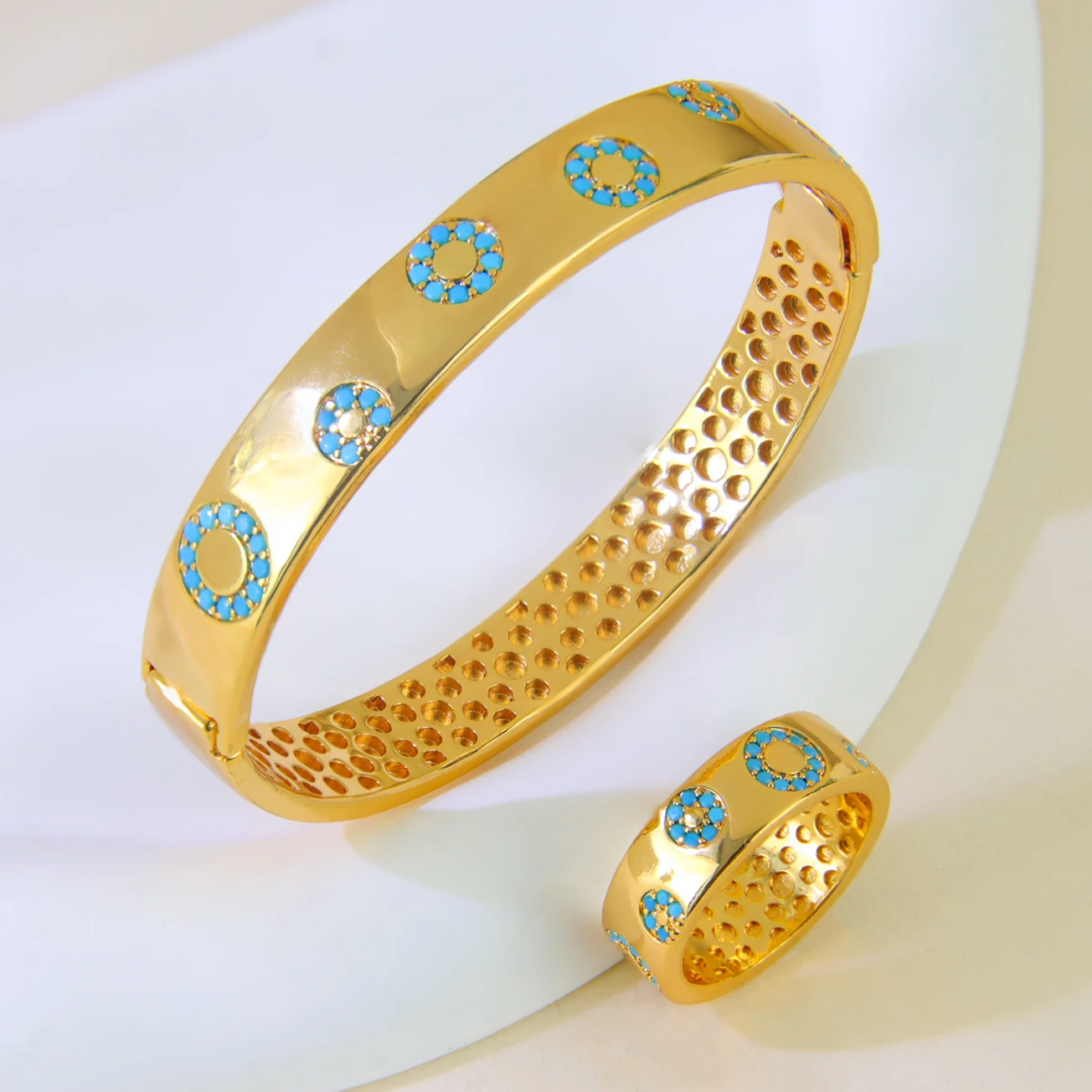 Arabisch Modeschmuck Set 21k vergoldet Dubai Muslim Retro Zirkonia Armreifen Ringe Äthiopien Frauen Party Schmuck – Detail 10