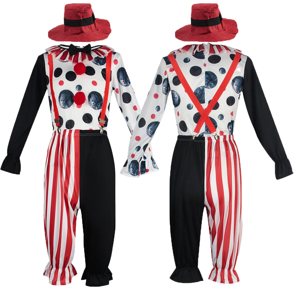 

Clown Cosplay Costume Full Sets Tops Stripe Pants Uniform Suits for Adult Halloween Carnival Party Performance Clothes Roleplay