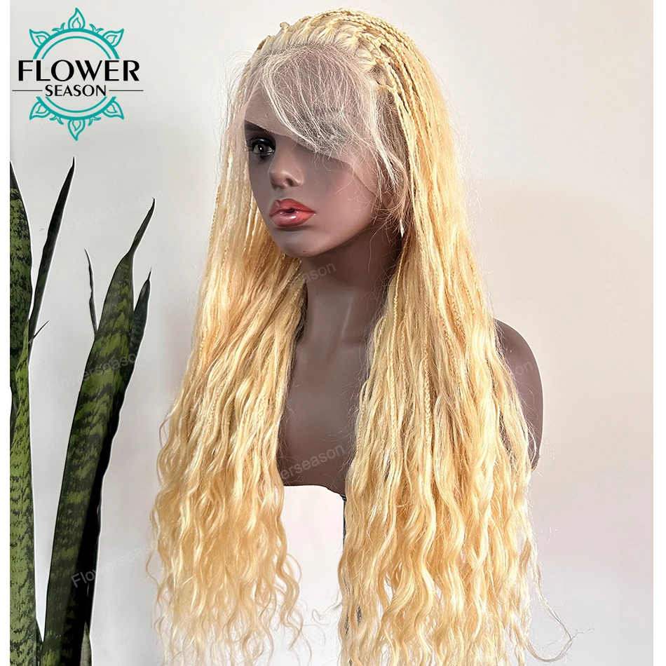#613 Human Hair Braided Wigs Boho Box Braids Wigs Blonde Full Lace Wig Transparen Lace Knotless PrePlucked with Baby Hair 300%