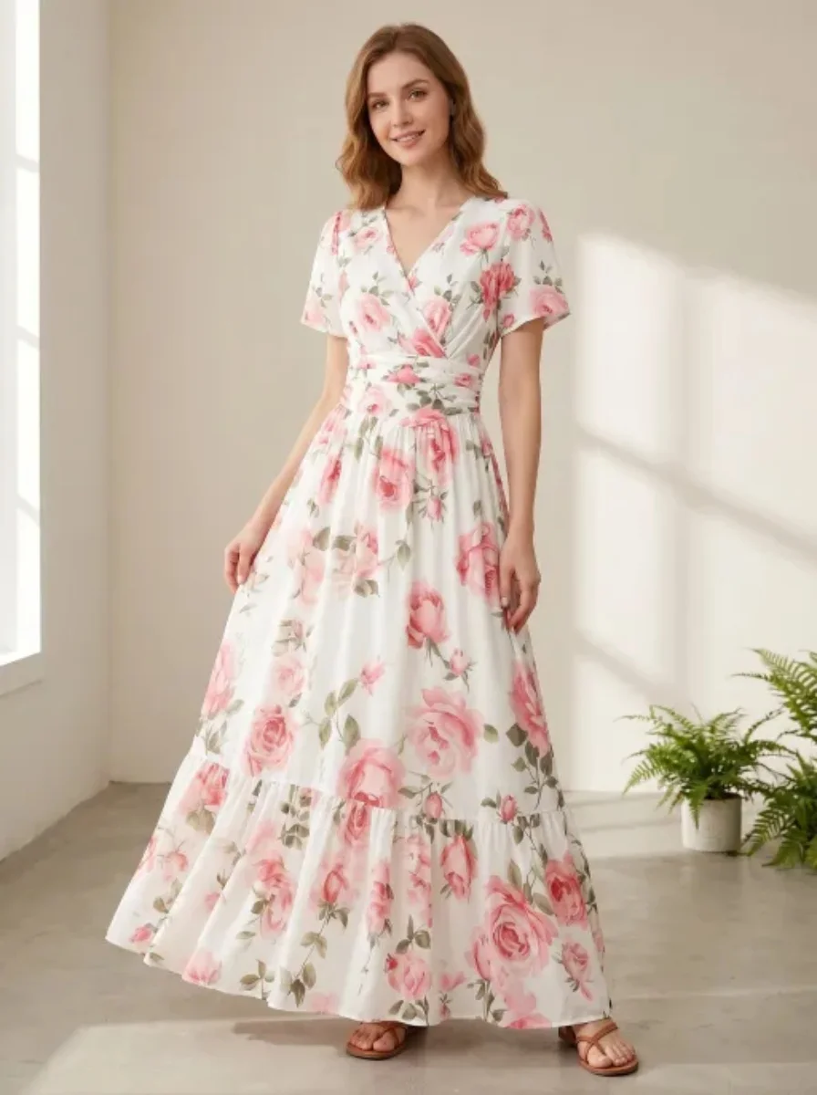 Elegantes V-Ausschnitt A-Linien-Kleid mit Weichem Rosenmuster, Sommer-Urlaubskleid, Lässiger Maxirock für Damen