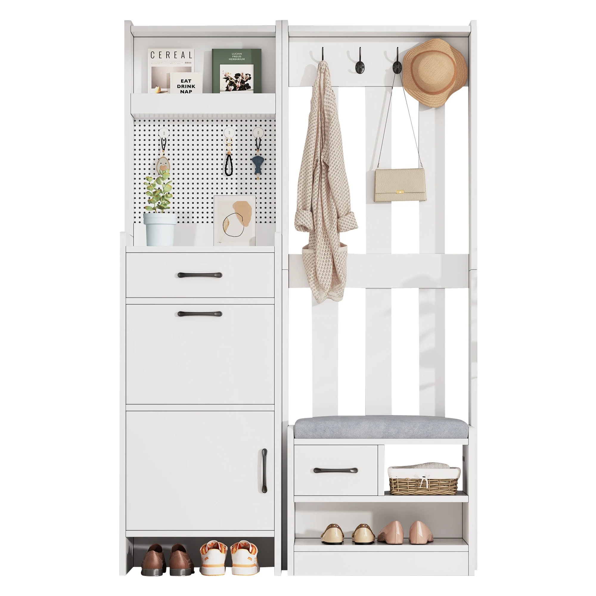 110 x 35 x 175,5 cm Garderobenständer und Kleiderständer für den Flur – 7-in-1 freistehender Eingangsbereich-Organizer mit Schuhbank, 7 Haken – Detail 8