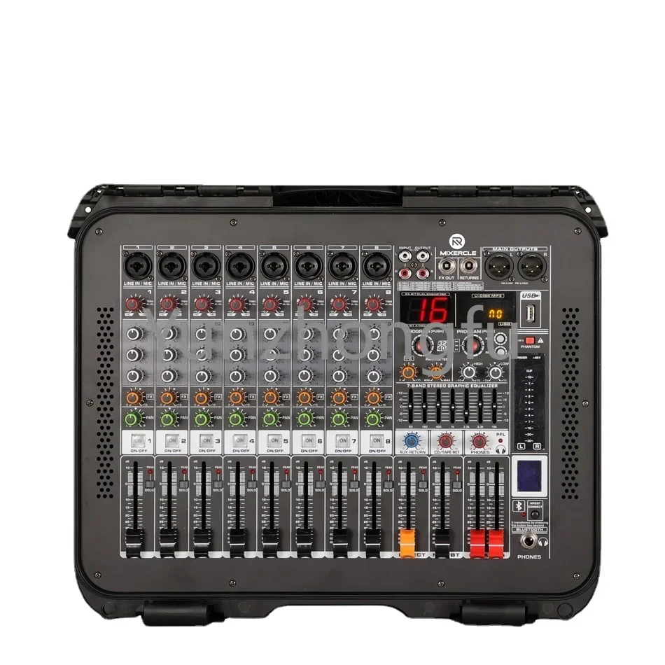 

8 Ch with Amplifier Digital Audio Mixing Console USB MP-8,Class D 2x650W, Professional DJ Flight Case Mixer