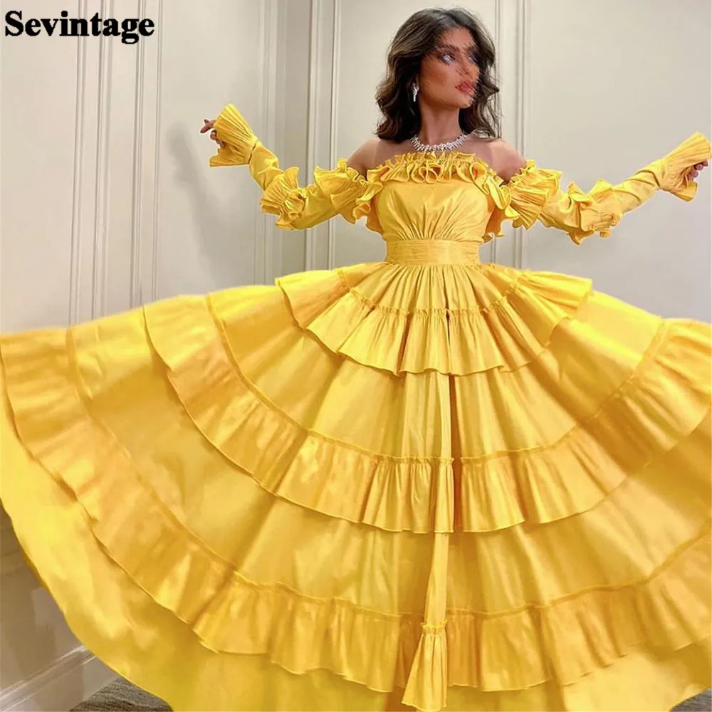 

Sevintage Yellow Tiered Saudi Arabia Prom Dresses Long Sleeves Ruffles A Line Formal Evening Gowns Off The Shoulder Party Dress