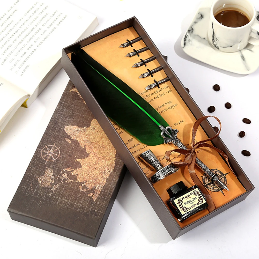 Vintage Calligraphy Feather Dip Pen Set with Ink - Creative Retro Writing Stationery