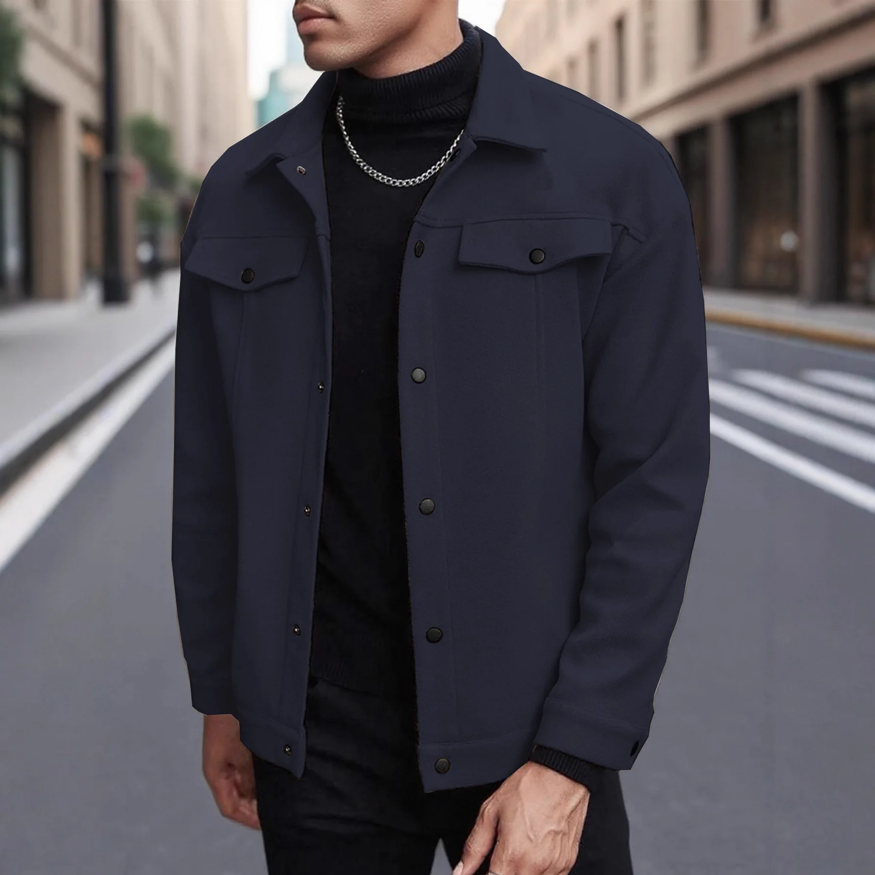 Giacca di lana da uomo autunno 2025 Cappotto con risvolto tasca frontale con bottoni in puro colore Fibra di poliestere stile business leggero