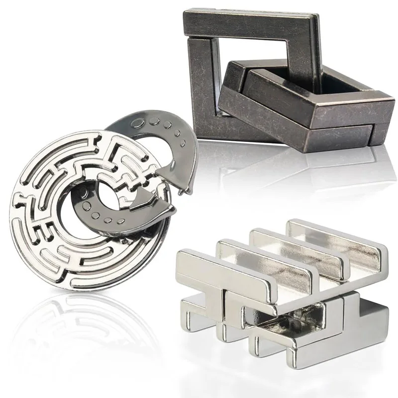 Set of 3 Metal Brain Teaser Puzzles - Educational Mind Games and Problem-Solving Toys