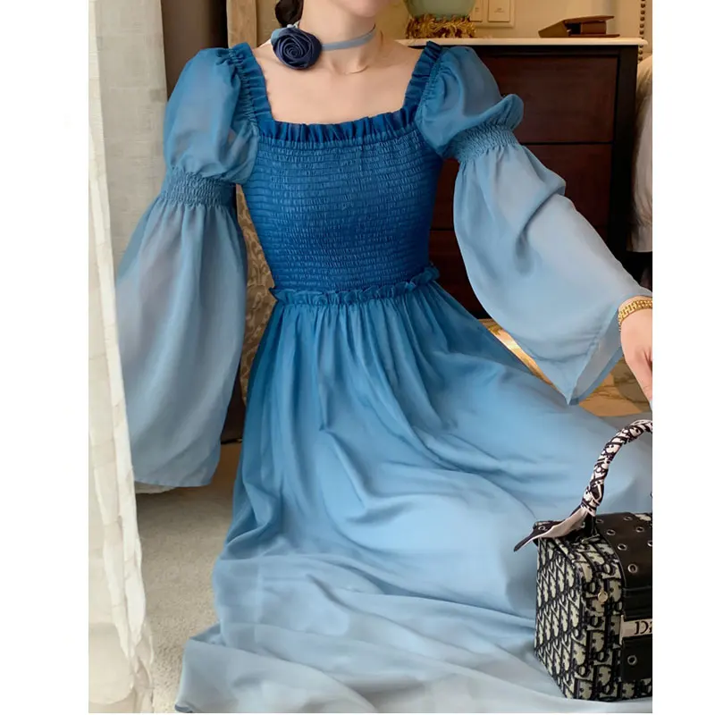 

2023 Spring Elegant Gradient Women Prom Dress Fashion Vintage Square Collar A-Line Party Midi Robe Female Chic Birthday Vestido