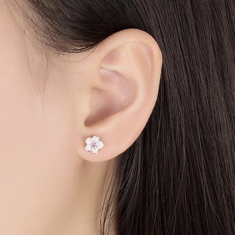925 Sterling Silver Pink Purple Zircon Flower Small Stud Earrings For Women Wedding Elegant Luxury Jewelry Accessories Wholesale 3