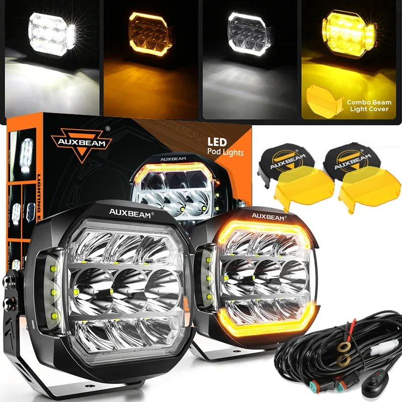 AUXBEAM 5인치 174W LED 라이트 포드 270 ° 초광폭 조명 작업등 DRL 방향 지시등이 있는 흰색 운전등 작업등