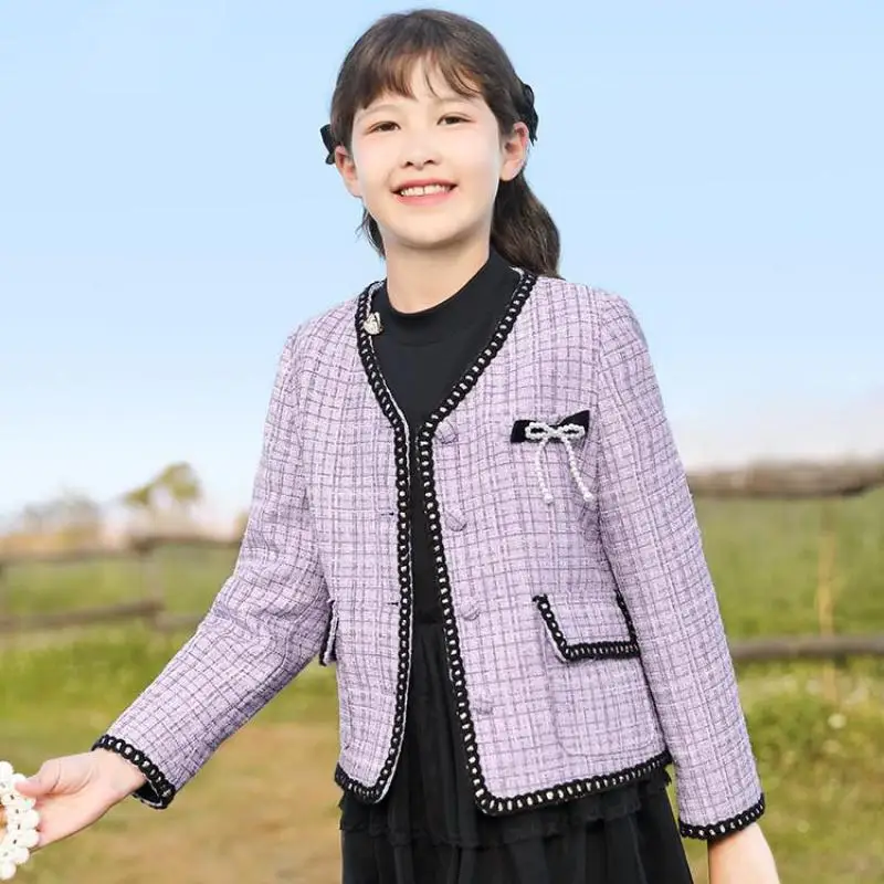 

Spring Autumn Fashion Coats For Girls Single Breasted V Neck Jackets Kids Children Elegant Party Outerwear Clothes 3-14 Years