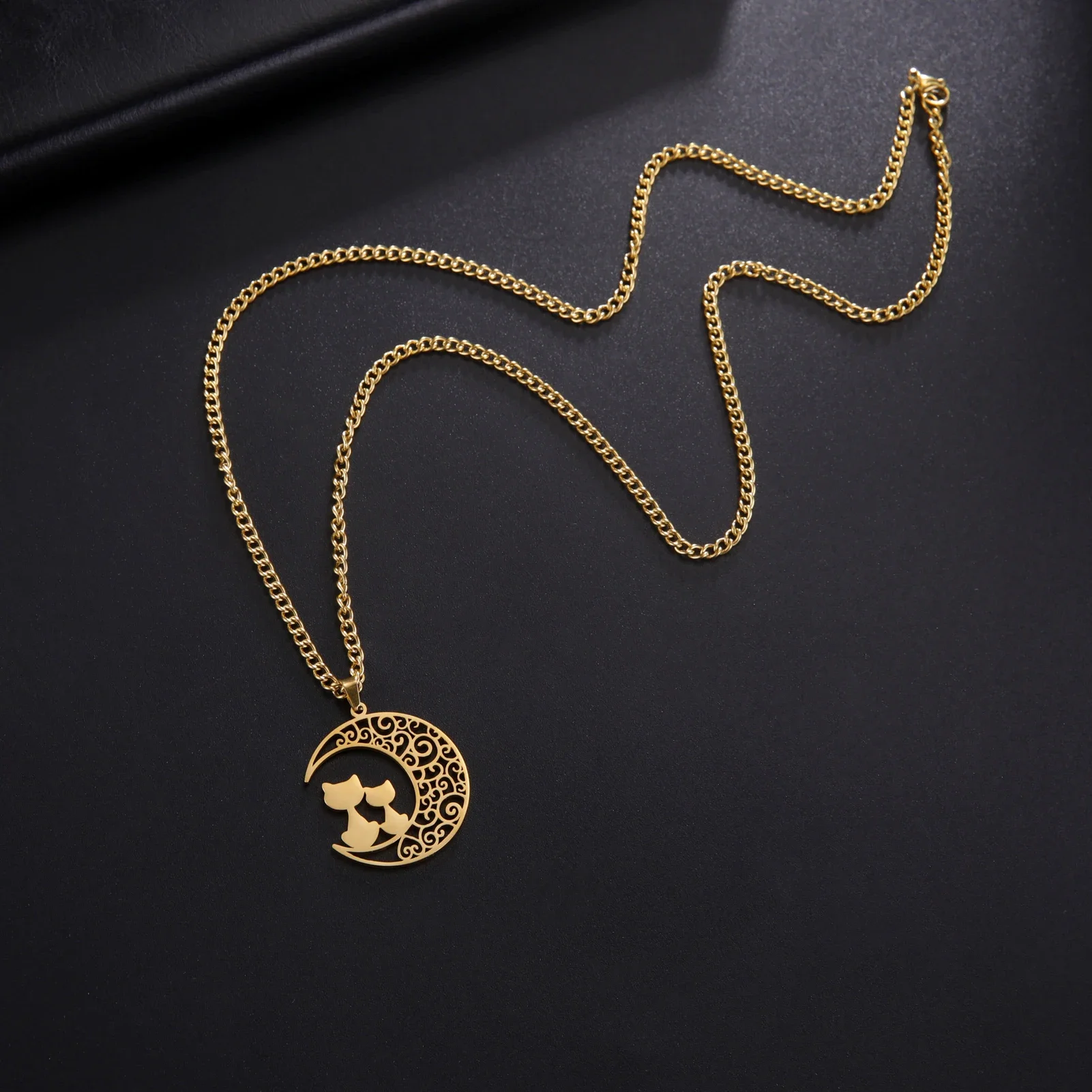 Stainless Steel Cat & Moon Necklace