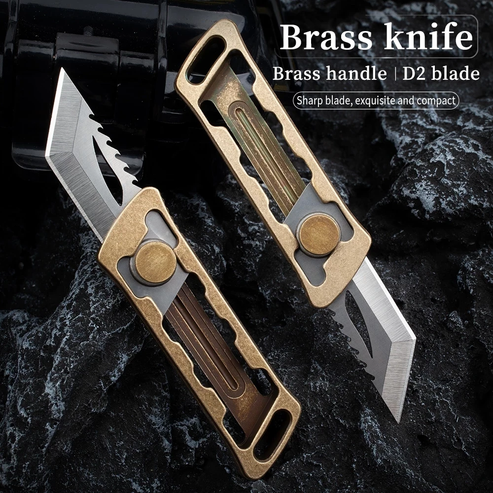 Hoge Hardheid Mes D2 Blade Messing Handvat Push-Pull Express Doos Mes Multifunctionele Edc Mes Survival Outdoor Tool