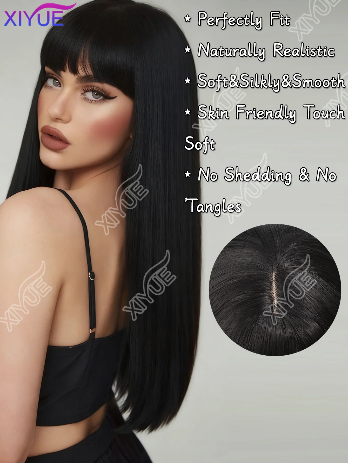 XY 24 Inch Long Straight Black Synthetic Wig with Bangs Heat Resistant Fluffy Wig for Women, Great for Daily and Halloween Party