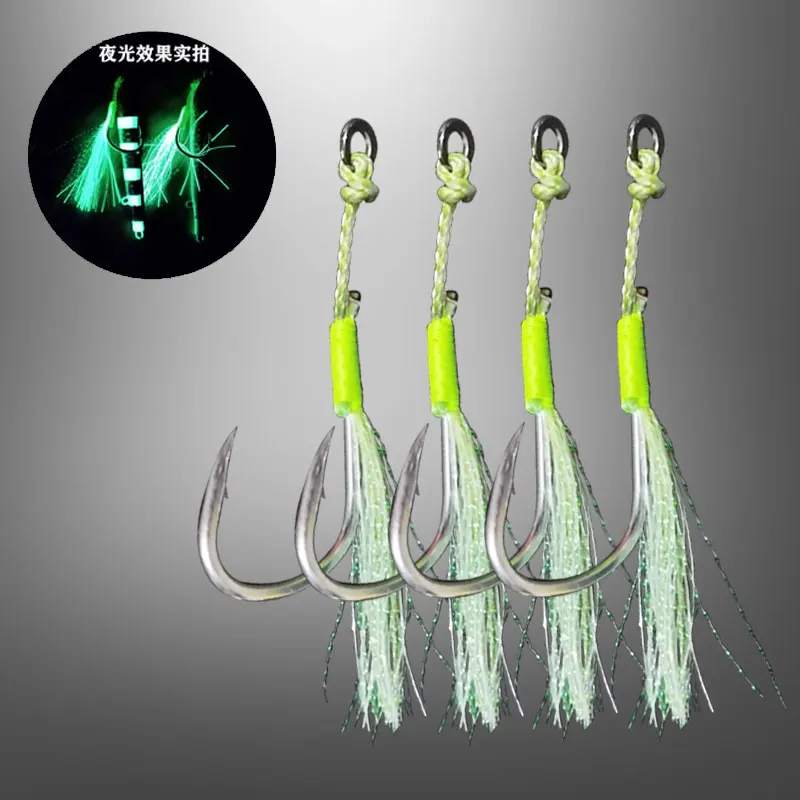 

AS 10Pairs Fishing Hook Soft Stainless Wire Glow Slow/Fast Jigging Hooks Single Barbed Assist Hooks Lure Glow Jig Lure Hooks