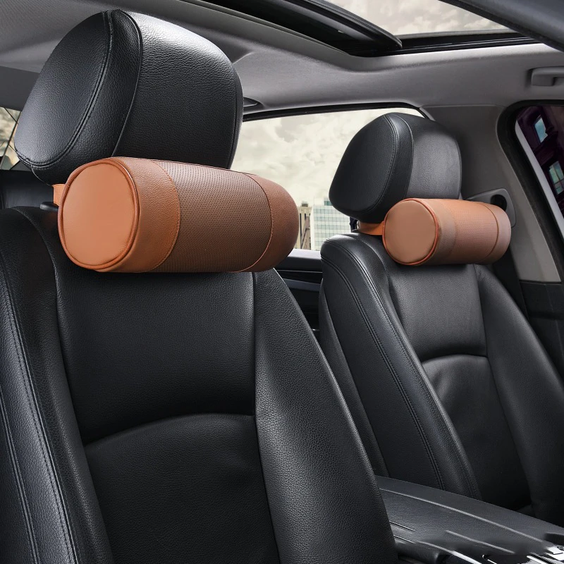 

Genuine Leather Car Seat Headrest Pillows Auto Safety Cylindrical Black Neck Support Cover Cushion Memory Bone Head Protector