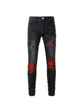  2022 New Arrival Men's Aged Black Streetwear Distressed Skinny Stretch Destroyed Holes Red Bandana Ribs Patches Ripped Jeans 