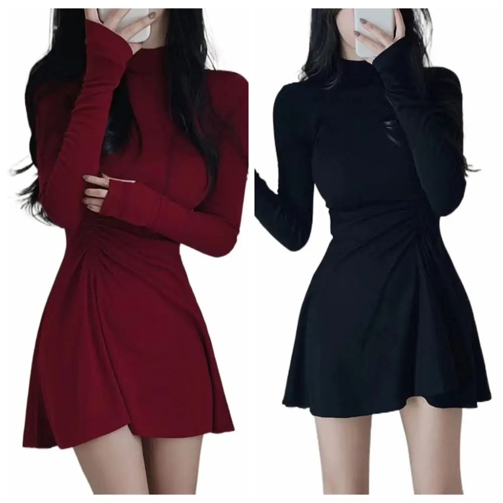 Long Sleeved Christmas Red Dress A-line Pleated Girls Irregular Dress Short Skirt Half High Collar Slim Thin Dress Ladies/Girl