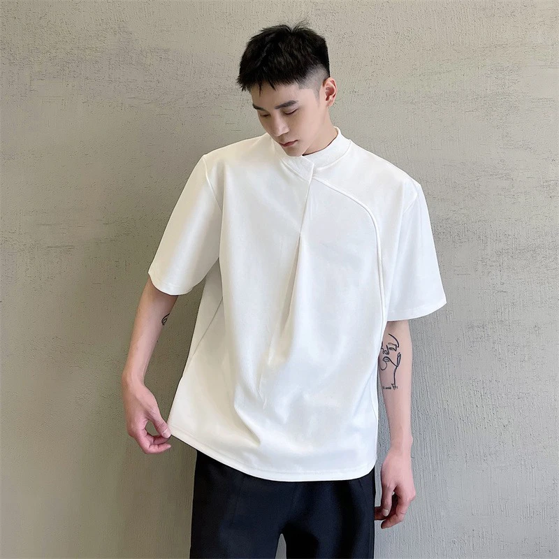 Summer Harajuku New Round Neck Short Sleeve Men Oversized Clothes Plain Fashion Tops Bright Line Decoration Patchwork Streetwear