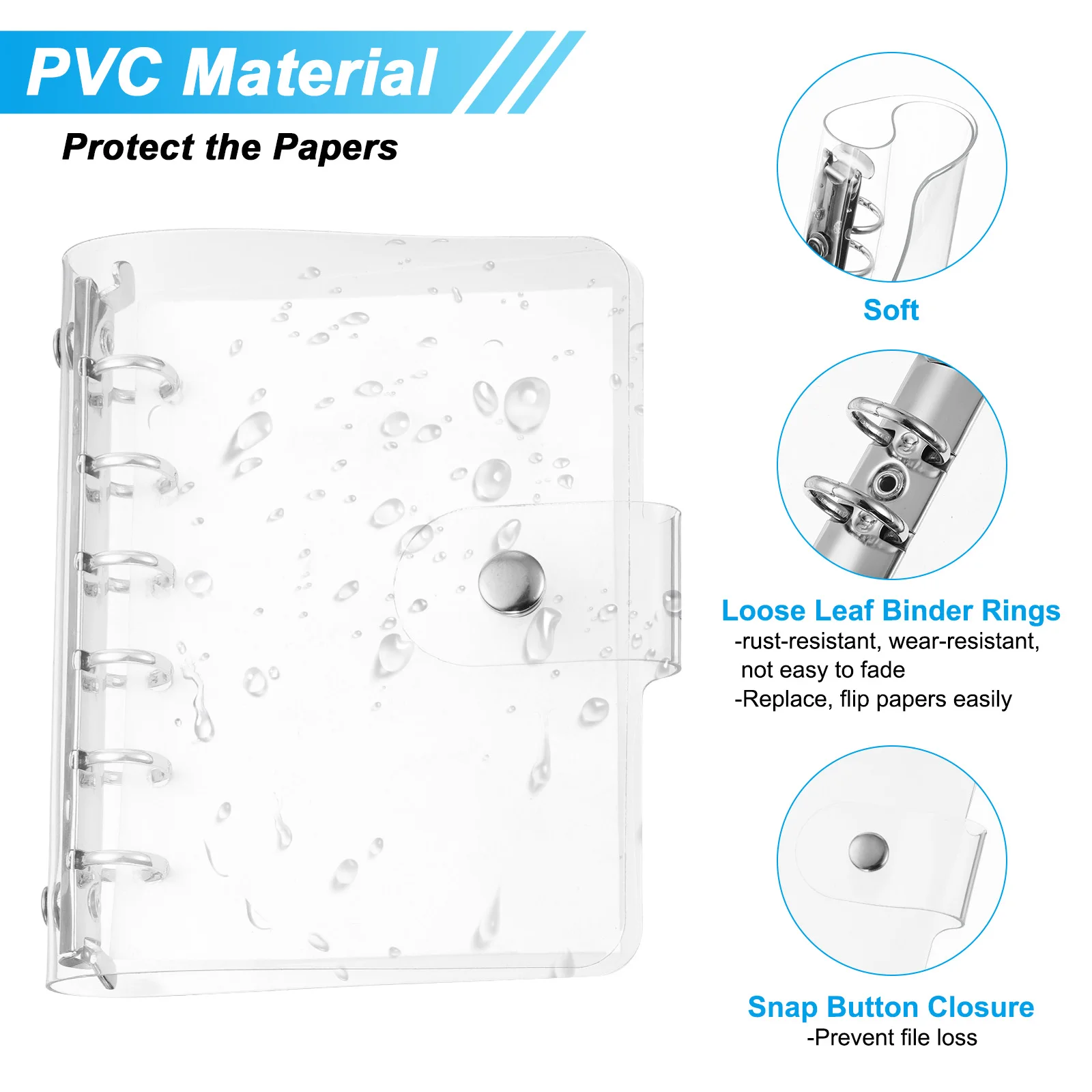 1/2Pcs A7 Clear Binder Cover Soft PVC Loose Leaf Binder Protector Refillable Notebook Shell with Snap Button Closure 6 Ring