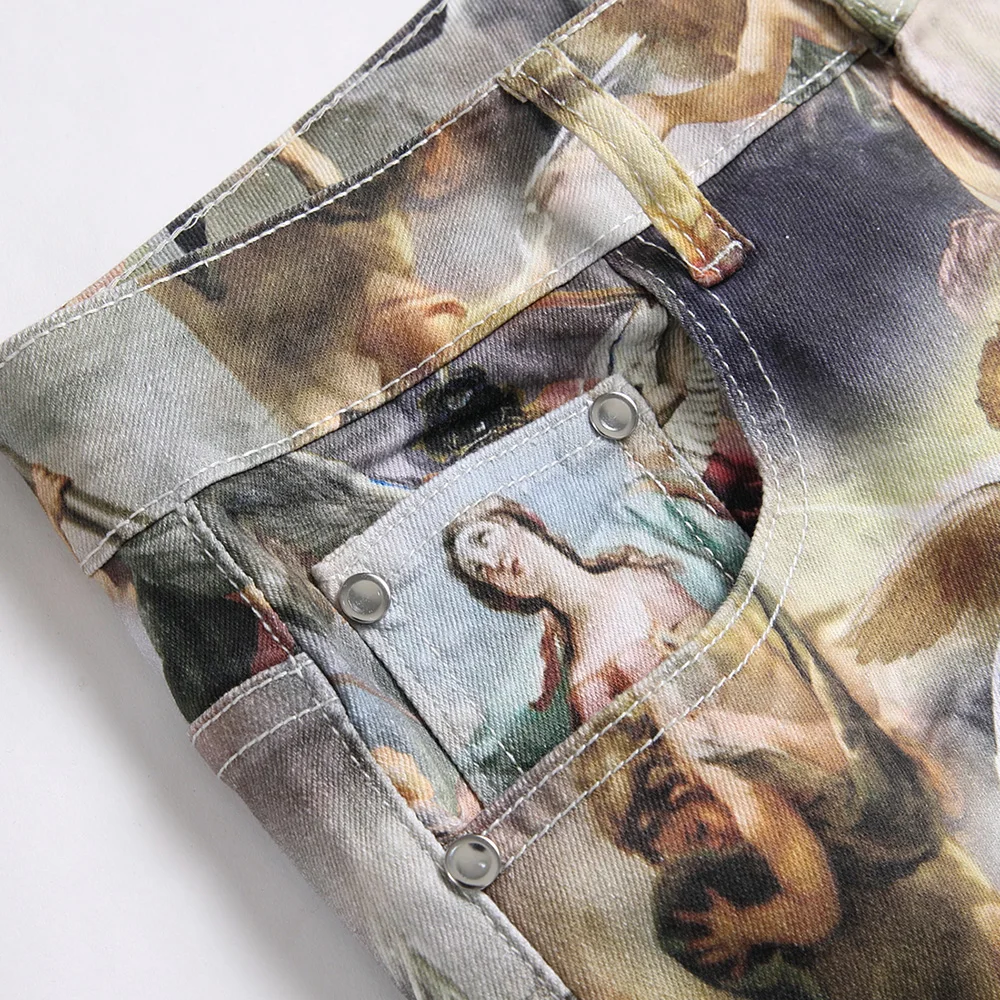 Men Classical Painting Print Jeans Fashion Angel Immortal Stretch Pants Slim Tapered Denim Trousers 3