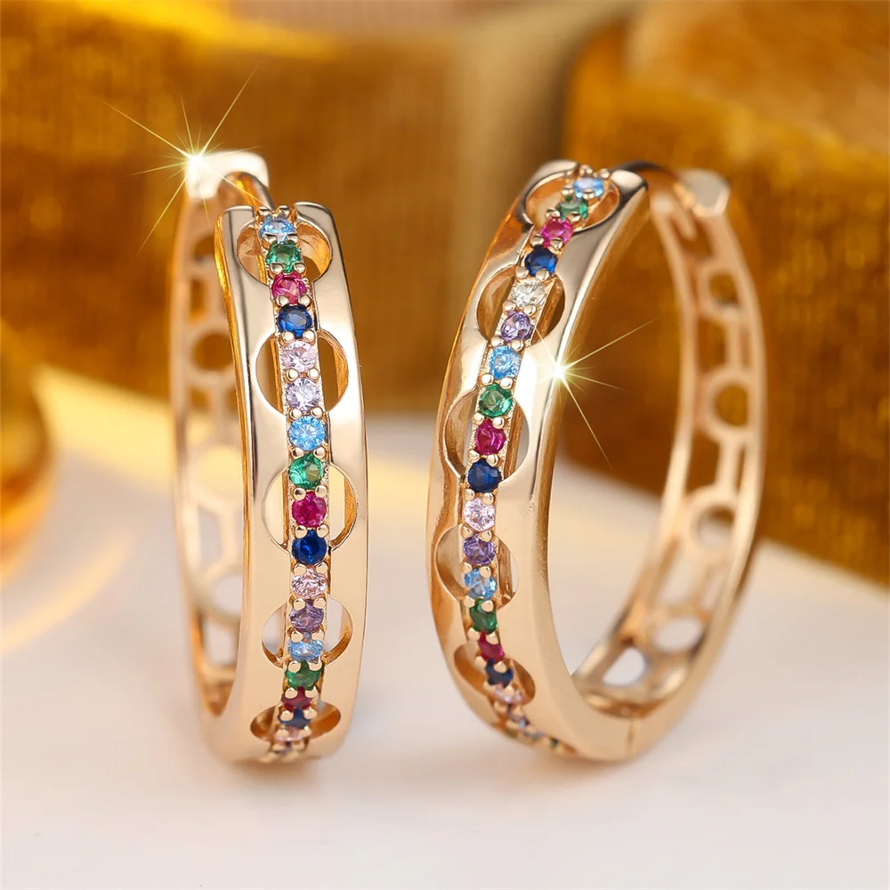 Vintage Hollow Rainbow Zircon Round Stone Hoop Earrings For Women Antique Trendy Gold Color Tiny Ear Buckle Wedding Jewelry Gift