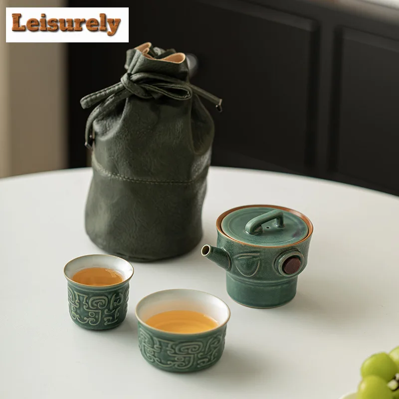 Chinese Sanxingdui Culture Portable Travel Teaset Kit Zen Tea Maker Teapot And Cups Outdoor Portable Leather Bag Tea Accessories