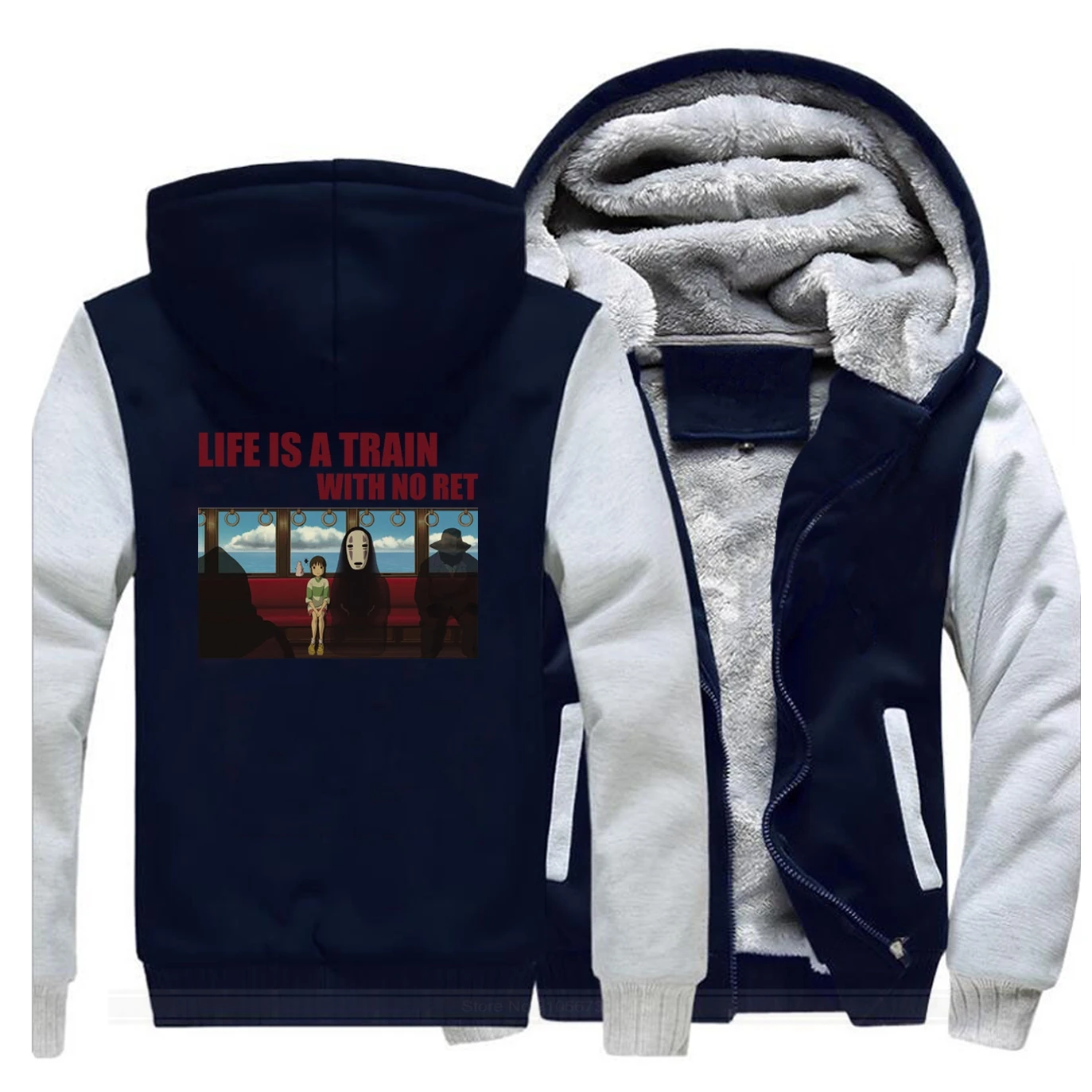 

Life Is A Train With No Ret Spirited Away Japan Anime Casual Men's Warm Winter Warm Fleece Harajuku Sweatshirt Men Jacket
