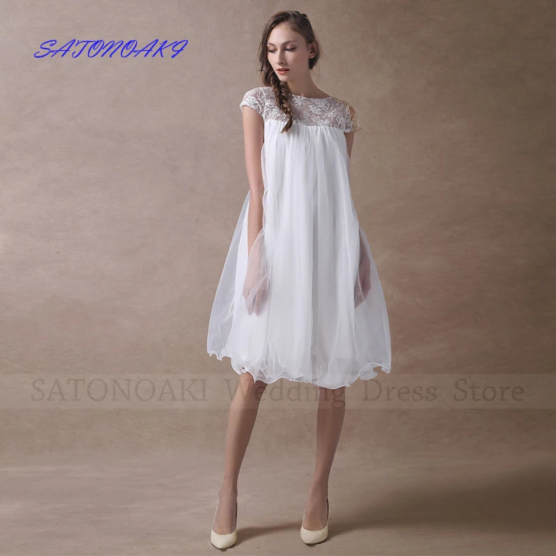 

Женское Короткое свадебное платье It's yiiya, белое кружевное платье до колена с круглым вырезом, рукавами-крылышками и открытой спиной на лето 2019