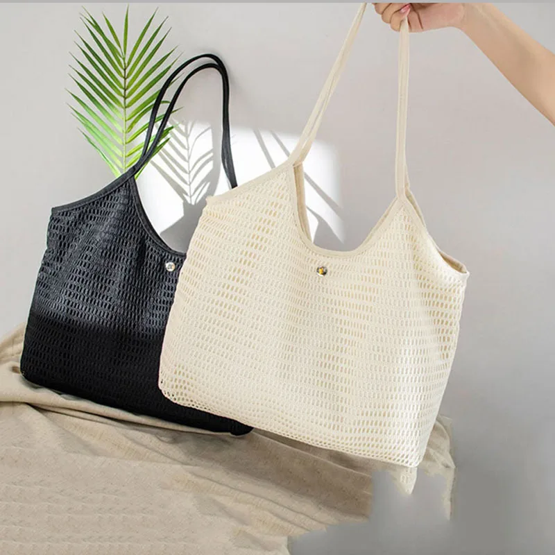 

Trend Designer Mesh Handbags Female Large Capacity Totes Women Summer Beach Bag Purses Casual Hollow Woven Canvas Shoulder Bag