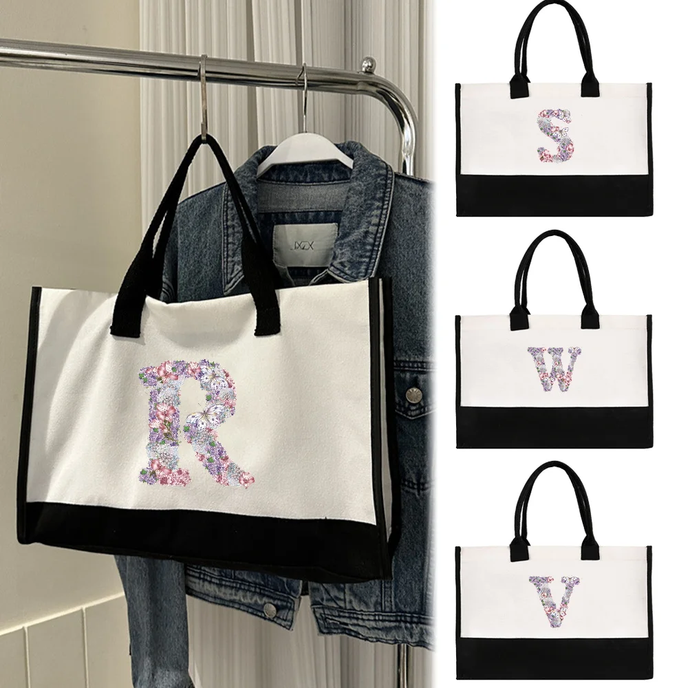 Portable Women's Handheld Shopping Bag Reusable and Environmentally Friendly Jute Shopping Rose Flower Letter Printing Pattern