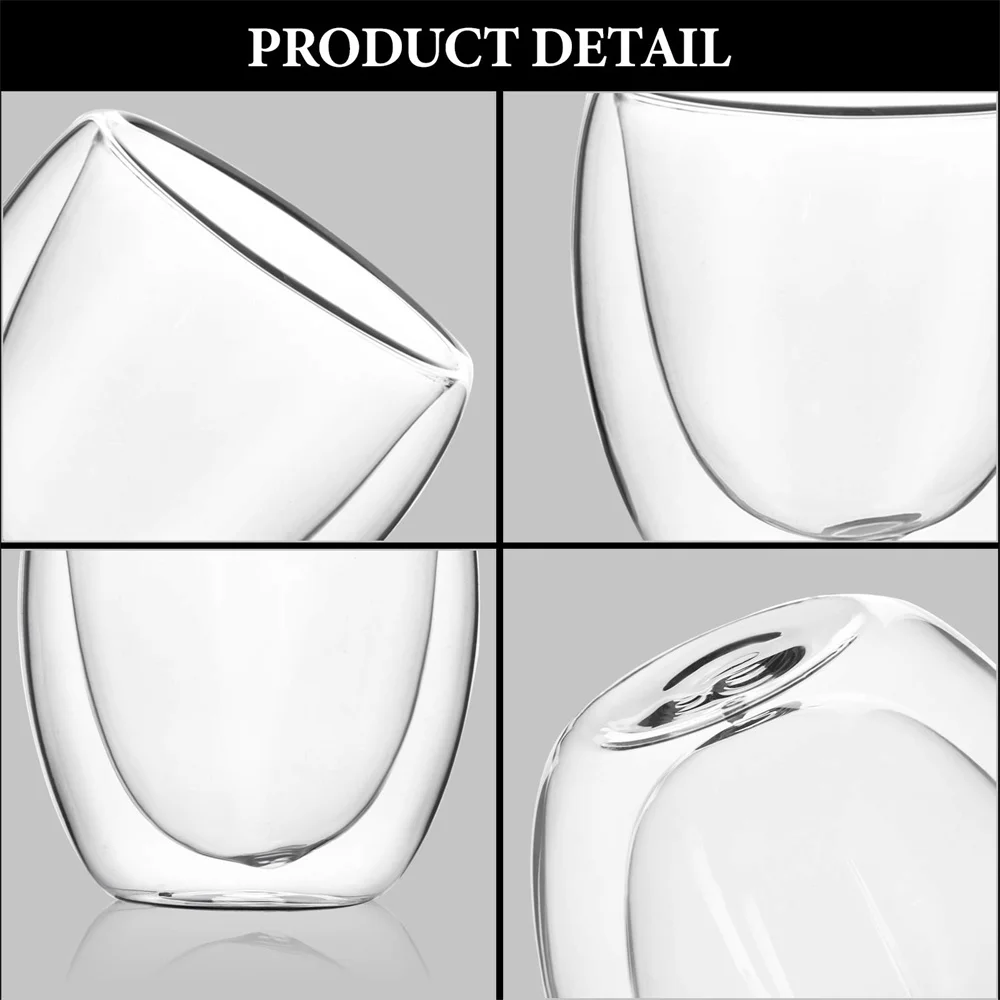 Description Picture 6 of item5 Sizes 6 Pack Clear Double Wall Glass Coffee Mugs Insulated Layer Cups Set for Bar Tea Milk Juice Water Espresso Shot Glass