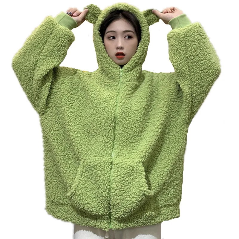 Kawaii Fleece Faux Fur LongAutumn Winter Women Green Beige Zip-up Sweatshirt  Sleeve Hooded Teddy Bear Ears Soft Hoodies White