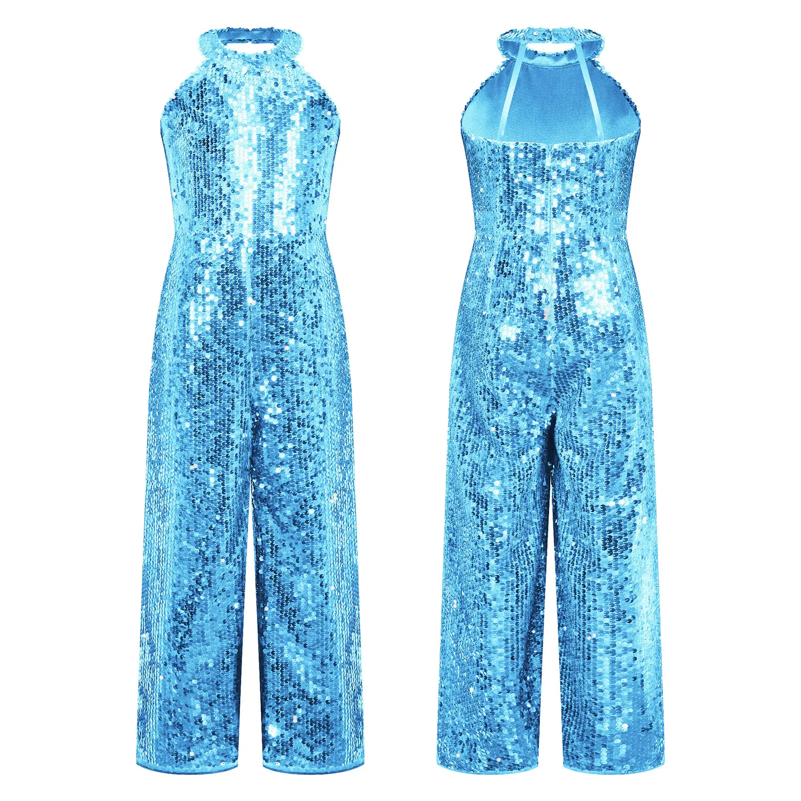 thumbnail image 1 of Traje de baile de Jazz con lentejuelas brillantes para niñas, pelele para desfile, cuello Halter, espalda con tiras, pantalones de pierna ancha sin mangas, mono de una pieza, 1 of 5
