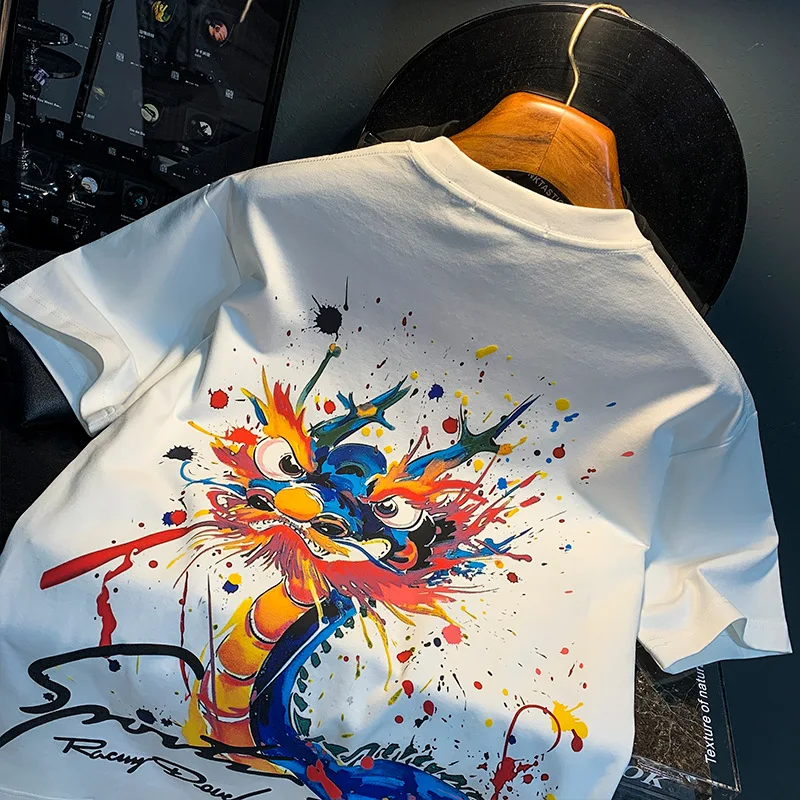 ZVX Men's Watercolor Graffiti Cotton T-Shirt | 2024 Summer Street Trend Short Sleeve Tee