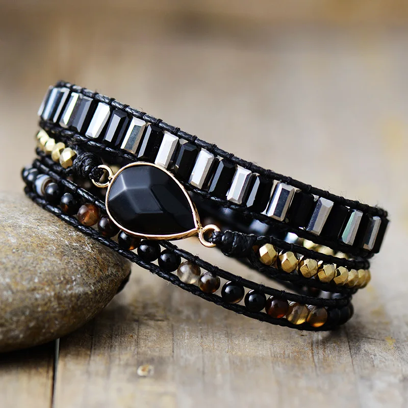 Beaded Bracelet Women Ethnic Leather Wrap Bracelet Labradorite Rhinestone Moonstone Beads 3 Strands Bracelet
