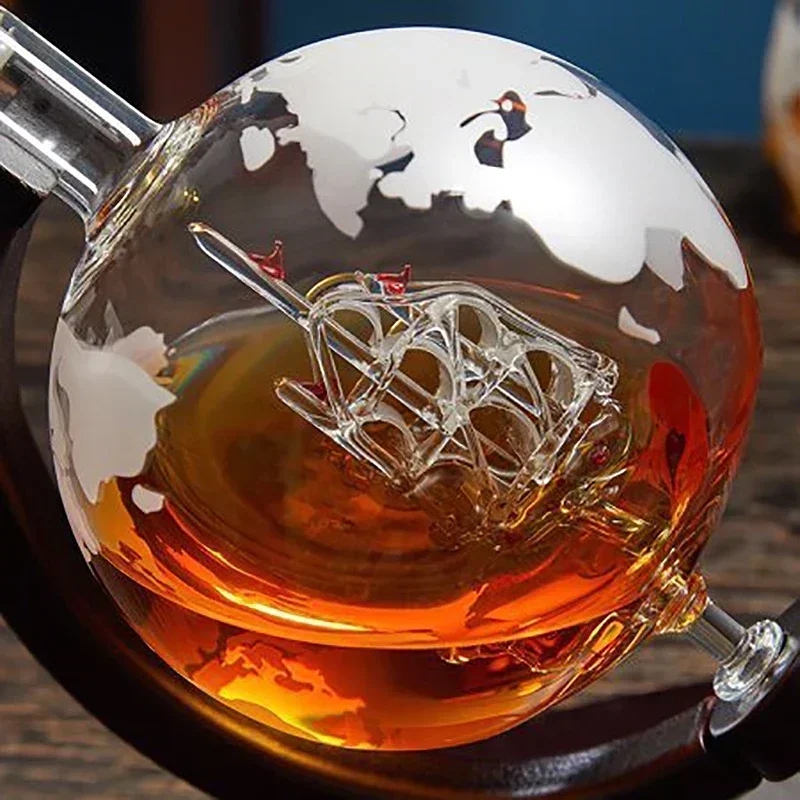 Creative Globe Decanter Set with Lead-free Carafe Exquisite Wood-stand and 2 Whisky Glasses Whiskey Decanter Globe Grade Gift — view 4