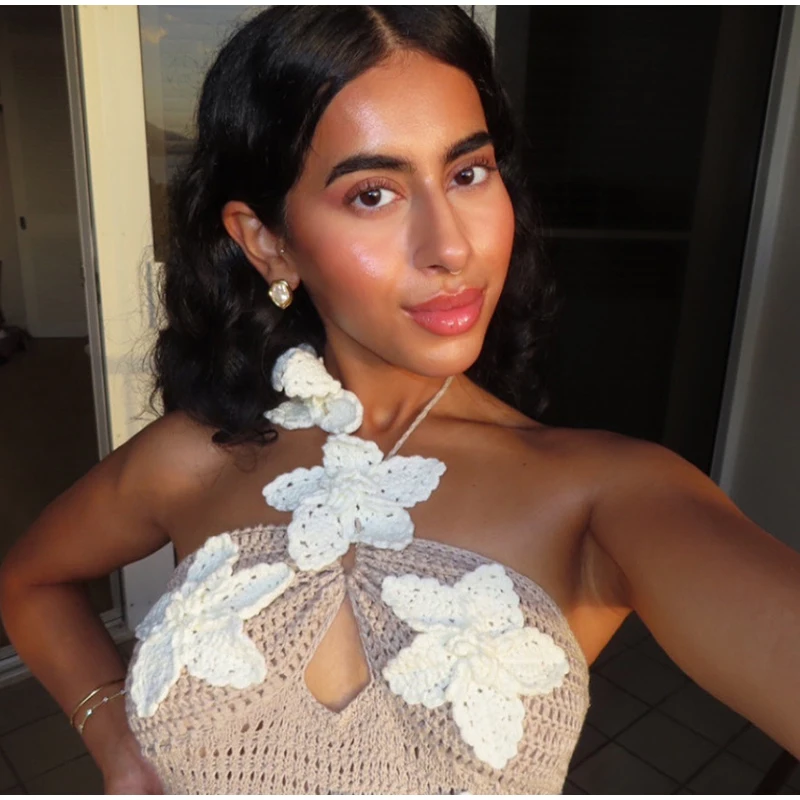 Sexy Knitted Flower Long Dress Women Hollow Halter Sleeveless Maxi Dresses Female Summer Fashion Vacation beach Vestidos