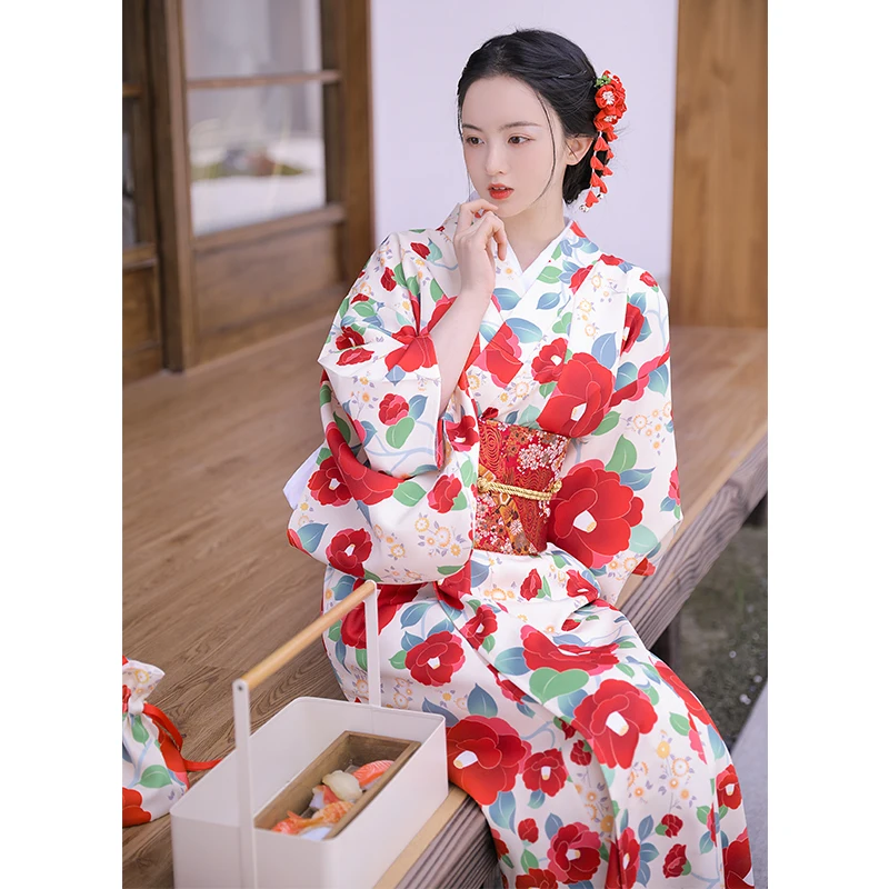 

New Japanese Light Yellow Camellia Kimono Women's Japanese-Style Improved Traditional Bathrobe