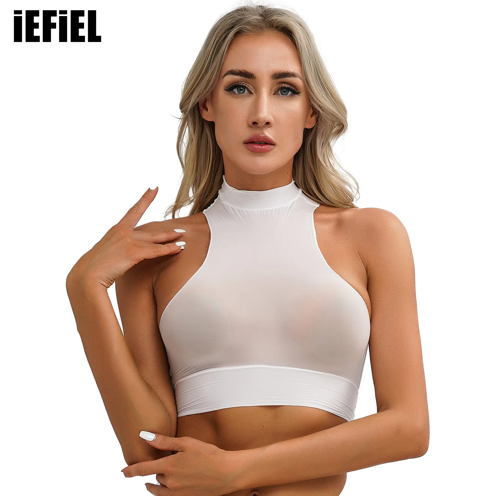 

Womens Sexy Vest Mock Neck Sleeveless Sheer Crop Top Glossy See-Through Slim Fit Vest Tops Pool Party Clubwear Nightwear