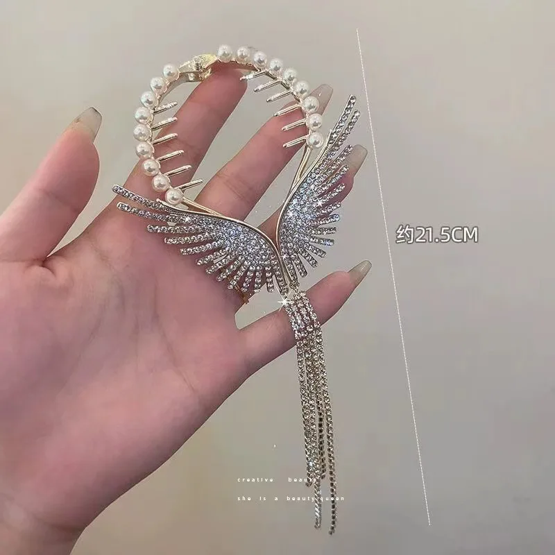 New Trendy Angel Wings Pearl Rhinestone Tassel Pill Head Ponytail Buckle Hair Clip Female Korean Hair Card Accessories